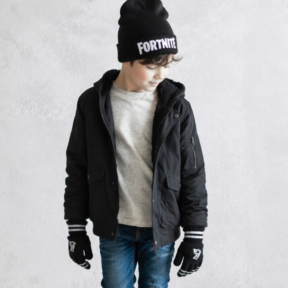 Fortnite Beanie & Gloves Set Black Silver Logo Youth One Size NWT